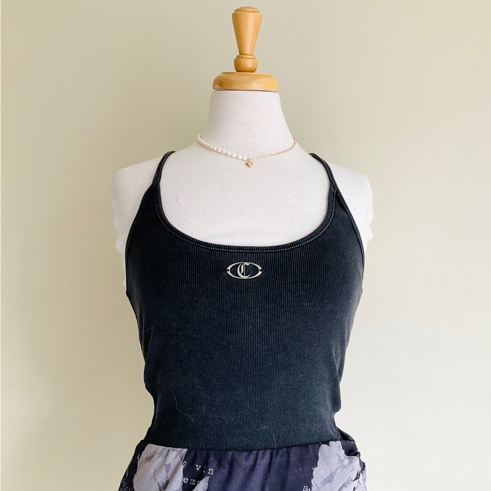Black Ribbed Scoop Tank Top with Center Logo